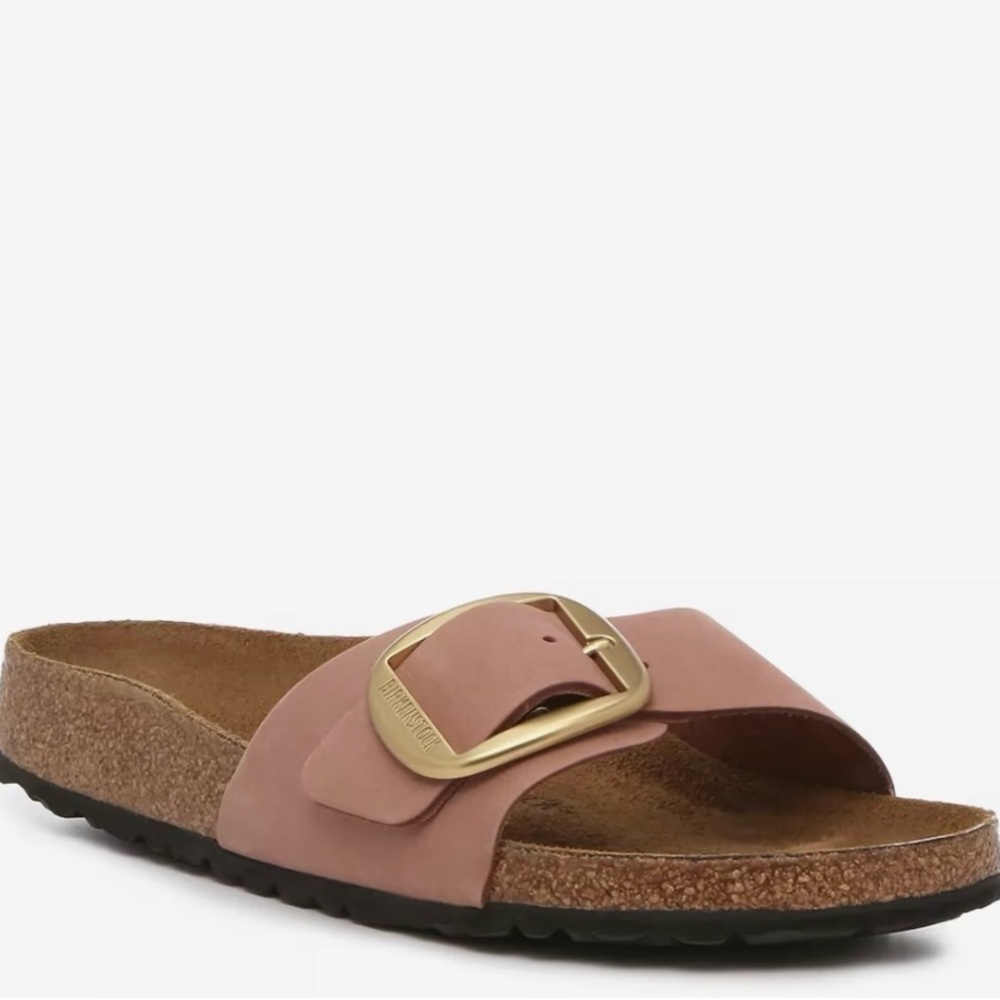 new Birkenstock Madrid big buckle slides sandals in soft pink nubuck leather